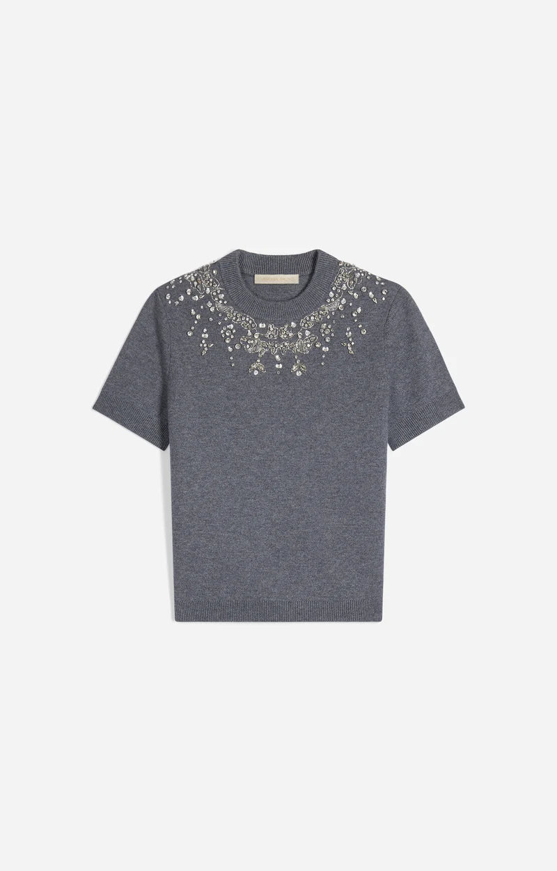 Vanessa Bruno Helmine Knitted Embellished T-Shirt in Grey