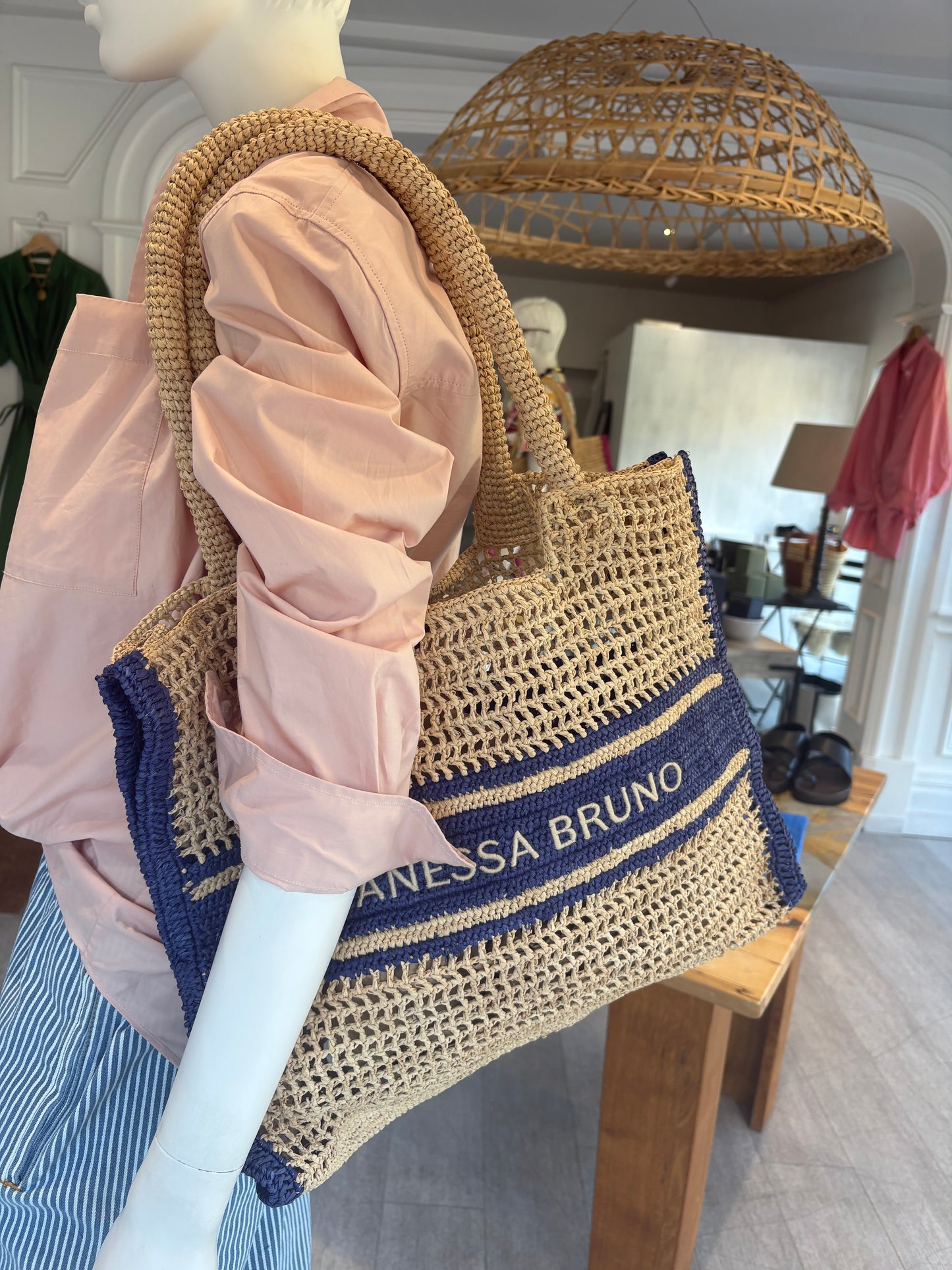 Vanessa Bruno Large Raffia Tote in Marine