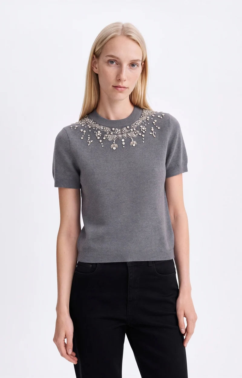 Vanessa Bruno Helmine Knitted Embellished T-Shirt in Grey