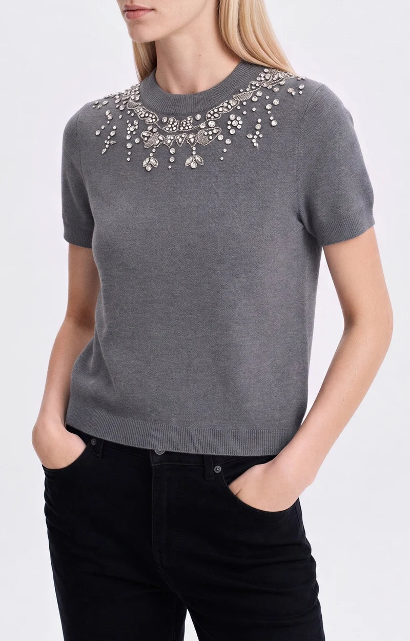 Vanessa Bruno Helmine Knitted Embellished T-Shirt in Grey